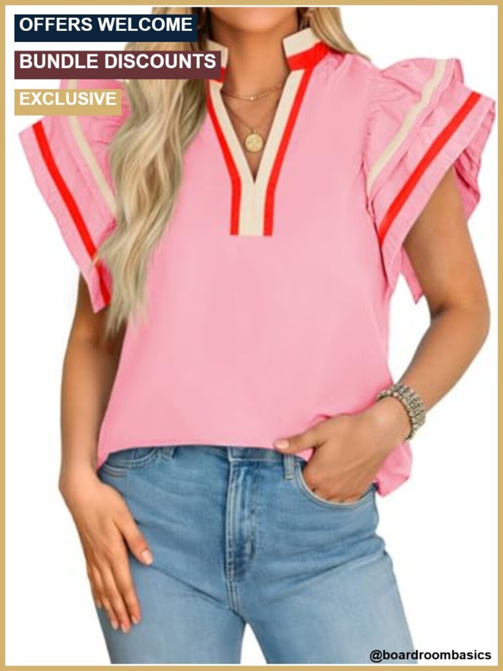 Ruffle Cap Sleeve Blouse - V Neck Color Block Top - Loose Fit Dressy Casual